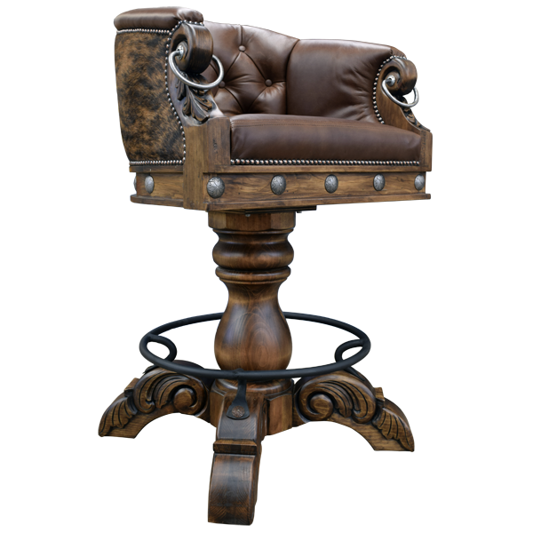 Three-quarter view of La Rocca Colonial 13 bar stool with leather seat and cowhide backrest