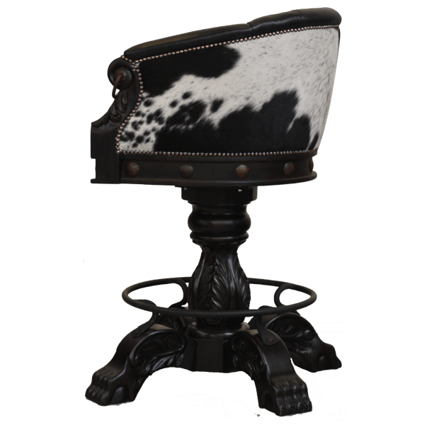 Side view of La Rocca Colonial 14 bar stool with cowhide backrest and black carved pedestal