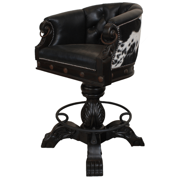 Three-quarter view of La Rocca Colonial 14 bar stool with leather seat and cowhide backrest