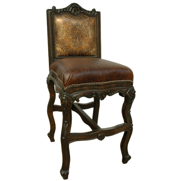 Three-quarter view of El Picador Elegante bar stool with embossed leather and carved crest