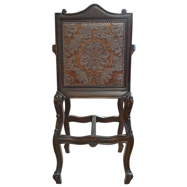 Rear view of Arms The Picador bar stool with embossed leather backrest and carved wood details
