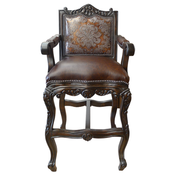 Front view of Arms The Picador bar stool with embossed leather and carved armrest