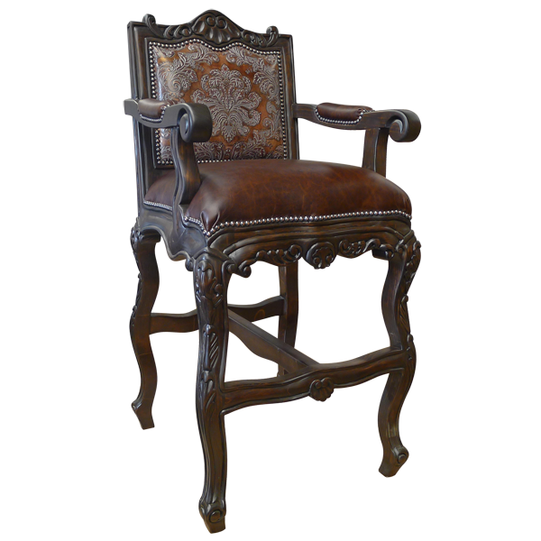 Rear three-quarter view of Arms The Picador bar stool with embossed leather backrest and carved crest