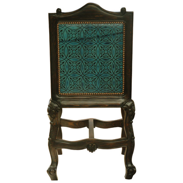 Rear view of Arms The Picador 2 bar stool with emerald embossed leather backrest and carved wood details