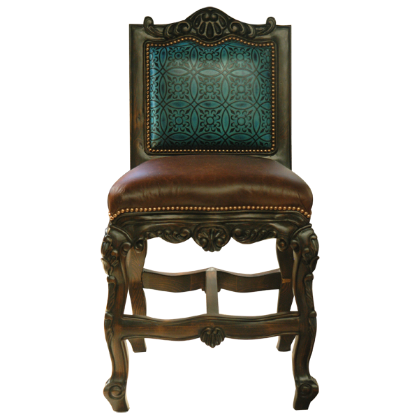 Front view of Arms The Picador 2 bar stool with emerald embossed leather back and dark brown leather seat