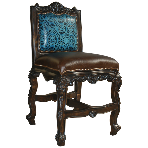 Three-quarter view of Arms The Picador 2 bar stool showing emerald embossed leather back and dark brown seat