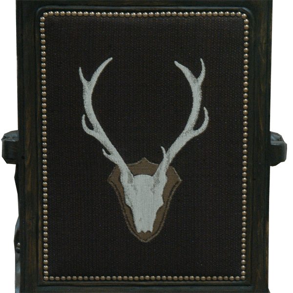 Detail view of Arms The Picador 3 bar stool showing trophy deer embroidery on fabric backrest