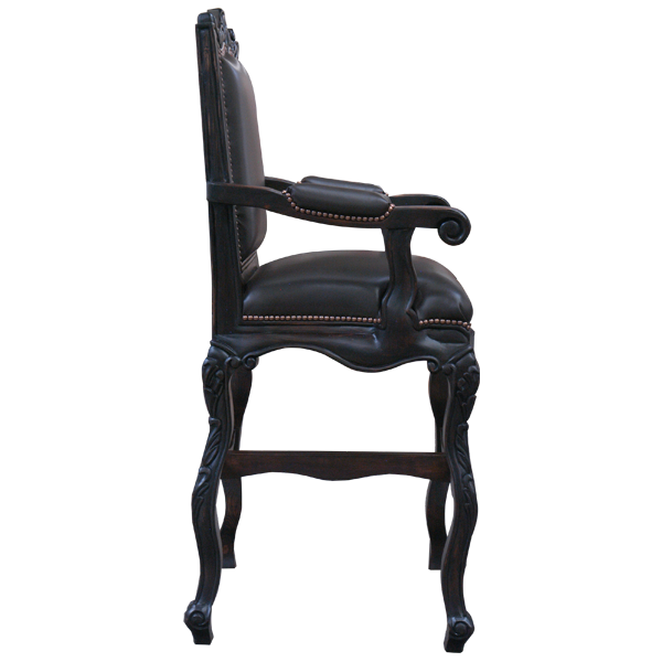 Side view of Arms The Picador 3 bar stool with carved armrest and dark leather seat