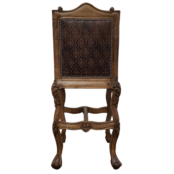 Rear view of Arms The Picador 4 bar stool with embossed leather backrest and carved crest