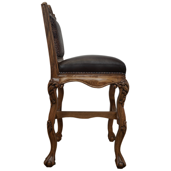Side view of Arms The Picador 4 bar stool with carved armrest and dark leather seat