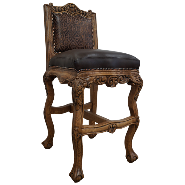 Three-quarter view of Arms The Picador 4 bar stool showing embossed leather back and carved wood accents