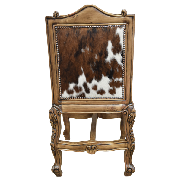Rear view of Arms The Picador 5 bar stool with cowhide backrest and carved wood details