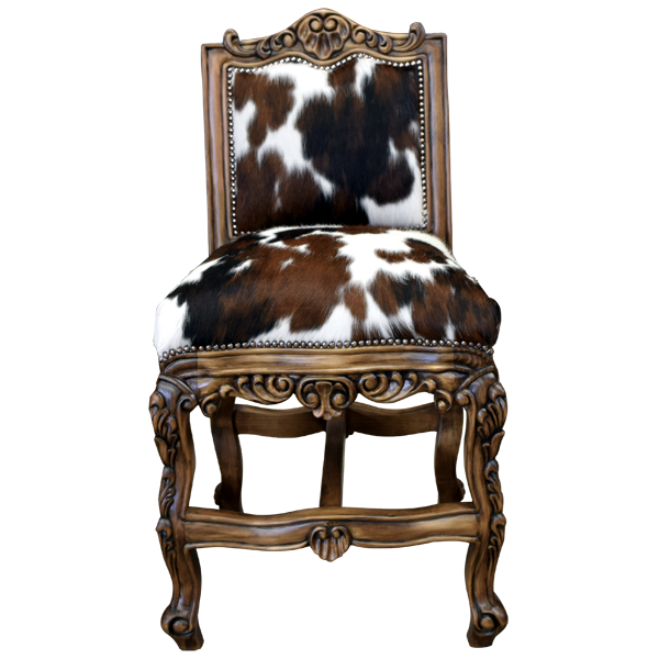 Front view of Arms The Picador 5 bar stool with patterned cowhide and carved armrest