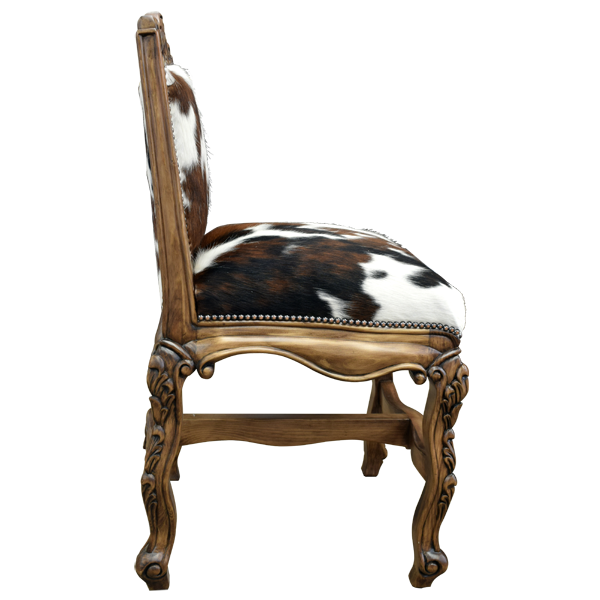 Side view of Arms The Picador 5 bar stool with carved armrest and cowhide seat