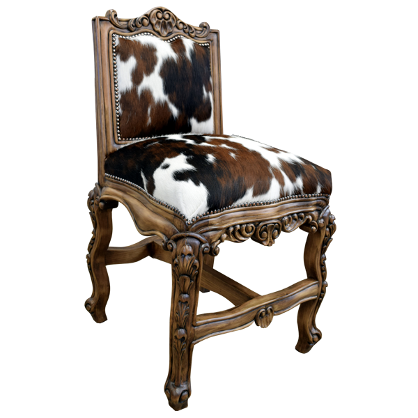 Three-quarter view of Arms The Picador 5 bar stool showing cowhide upholstery and carved crest