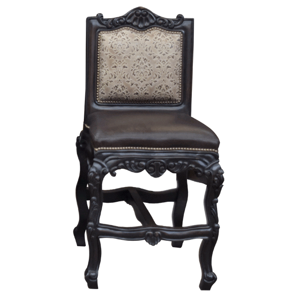 Front view of The Picador 6 bar stool with dark brown leather seat and carved crest