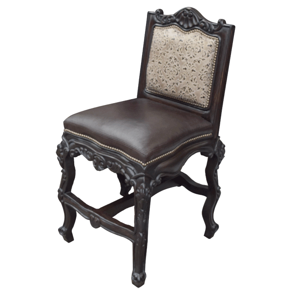 Three-quarter view of The Picador 6 bar stool showing leather upholstery and carved details