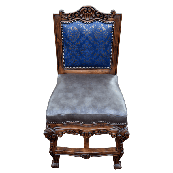Elevated front view of The Picador 7 bar stool with blue embossed leather and carved crest