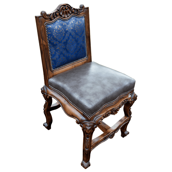 Elevated three-quarter view of The Picador 7 bar stool with dual-tone leather and carved details