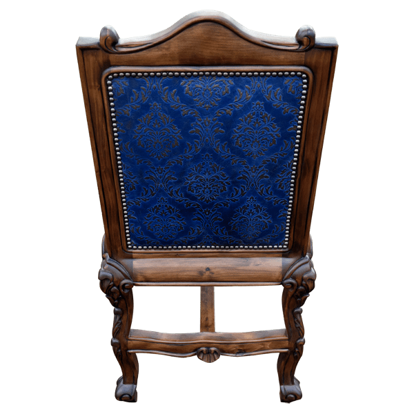 Rear view of The Picador 7 bar stool with blue embossed leather backrest and carved crest
