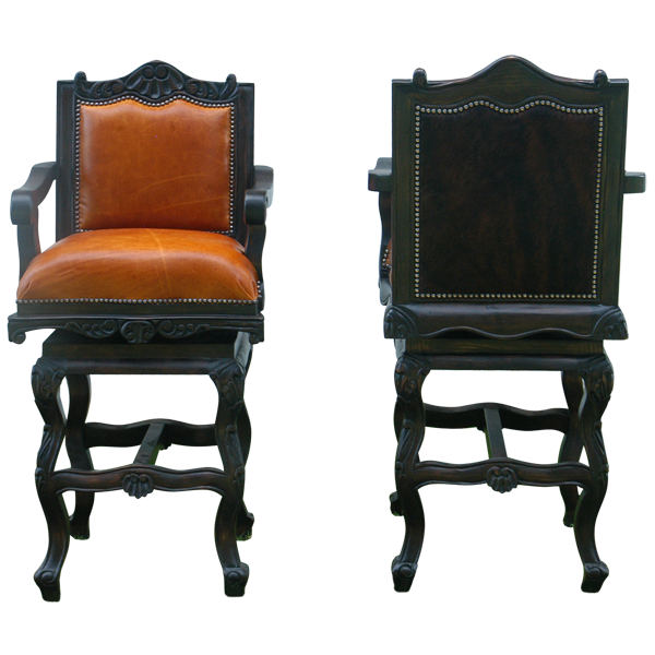 Combined front and rear view of El Picador bar stool with earthen leather seat and dark leather backrest