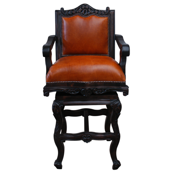 Front view of El Picador bar stool with earthen leather seat and carved crest