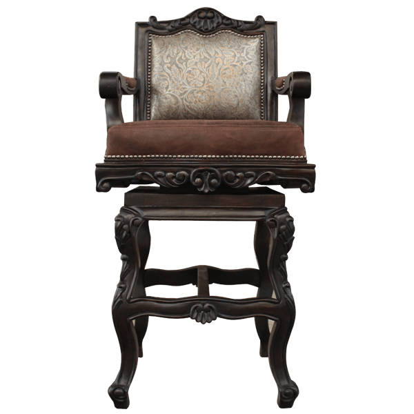 Front view of El Picador 3 bar stool with chocolate leather seat and patterned backrest