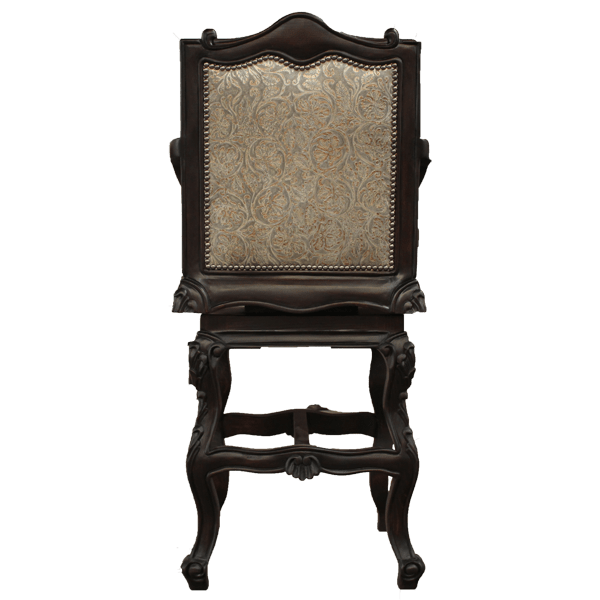 Rear view of El Picador 3 bar stool with patterned leather back and carved wood accents