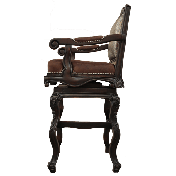 Side view of El Picador 3 bar stool showing carved armrest and chocolate leather upholstery