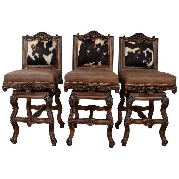 Group view of three El Picador 7 chairs with cowhide back panels and brown leather seats