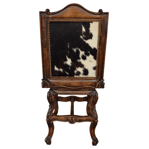 Rear view of El Picador 7 chair with cowhide back panel and carved scroll legs