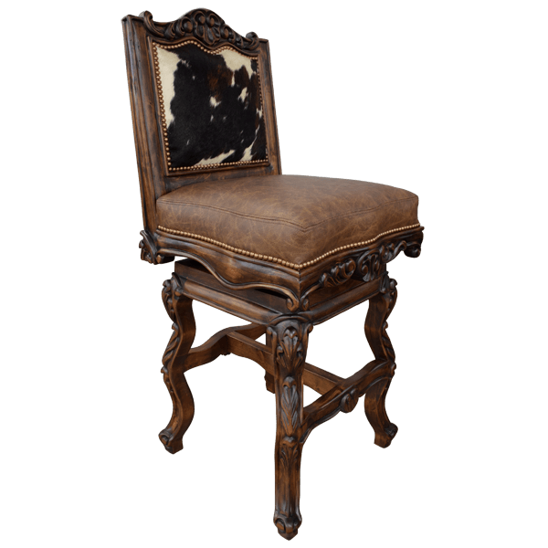 Three-quarter front view of El Picador 7 chair showing cowhide front and brown leather seat