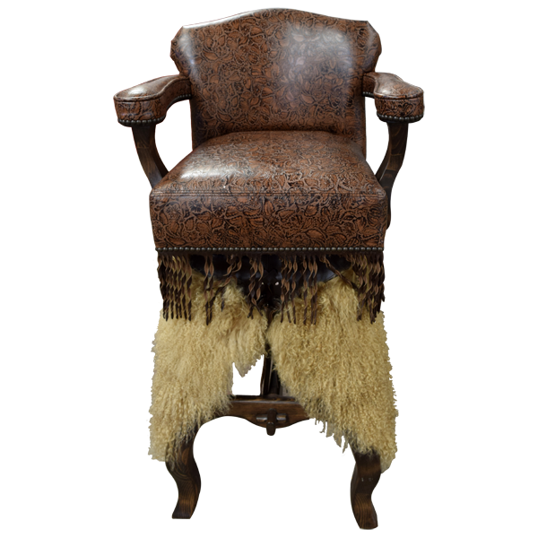 Front view of Willy 4 bar stool with embossed leather seat and wooly chaps