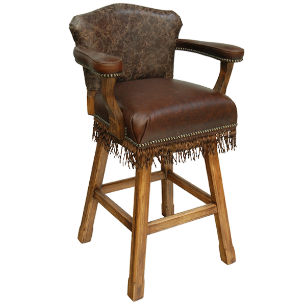 Three-quarter front view of Cowboy bar stool with dark leather seat and full grain fringe