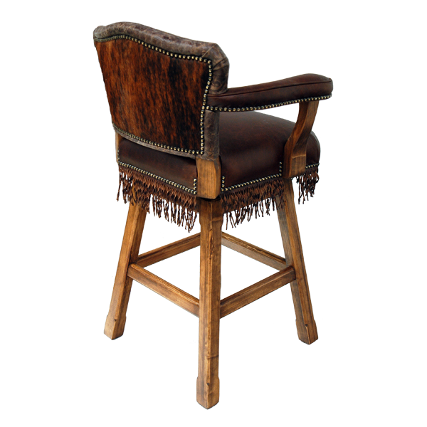 Rear three-quarter view of Cowboy bar stool with cowhide back and leather fringe