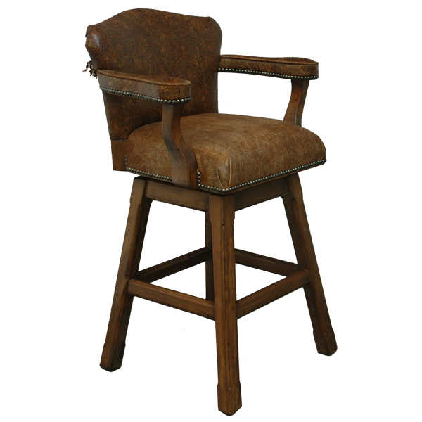 Three-quarter front view of Cowboy II bar stool with dark leather seat and embossed backrest