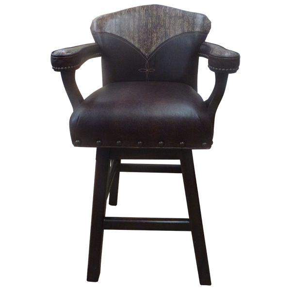 Front view of Cowboy 6 bar stool with dark leather seat and Western cutout backrest