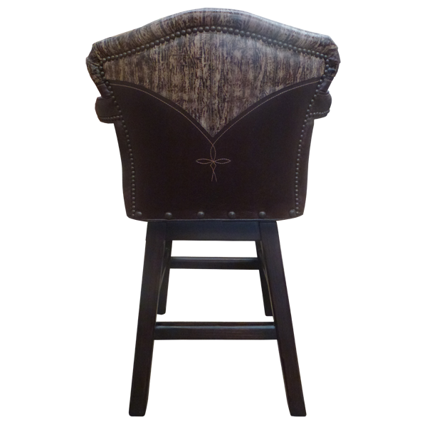 Rear view of Cowboy 6 bar stool with embossed leather backrest and Western cutout