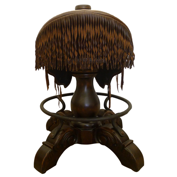 Rear view of Saddle bar stool with leather fringe and handcrafted wood base