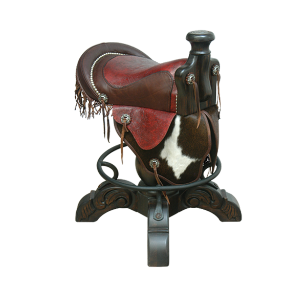 Three-quarter front view of Saddle bar stool with cowhide seat and hand turned wood pedestal