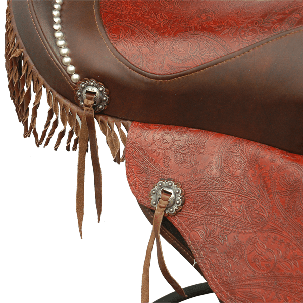 Detail view of Saddle Rojo bar stool showing embossed leather, smooth leather, and fringe