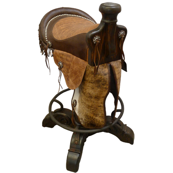 Three-quarter front view of Saddle 3 bar stool with cowhide saddle and patterned leather flaps
