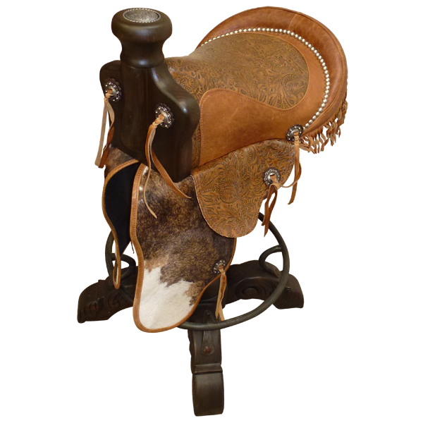 Three-quarter front view of Saddle 4 bar stool with full grain leather saddle and cowhide fenders