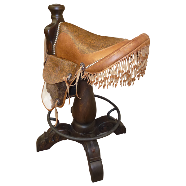Three-quarter rear view of Saddle 4 bar stool with fringe and silver conchos