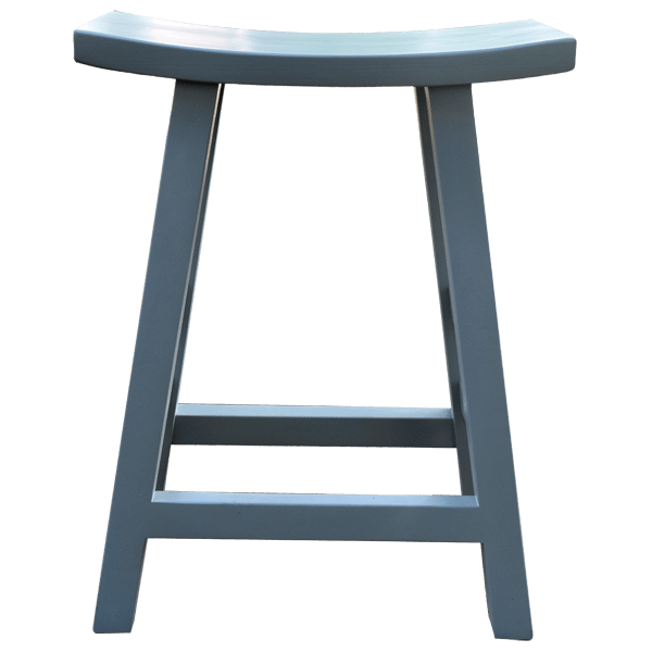 Front view of Mesa 3 bar stool with blue seat and sturdy wooden legs