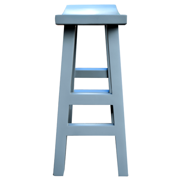 Side view of Mesa 3 bar stool with blue upholstered seat and modern wooden legs