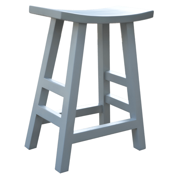 Three-quarter view of Mesa 3 bar stool with blue top and contemporary wooden base