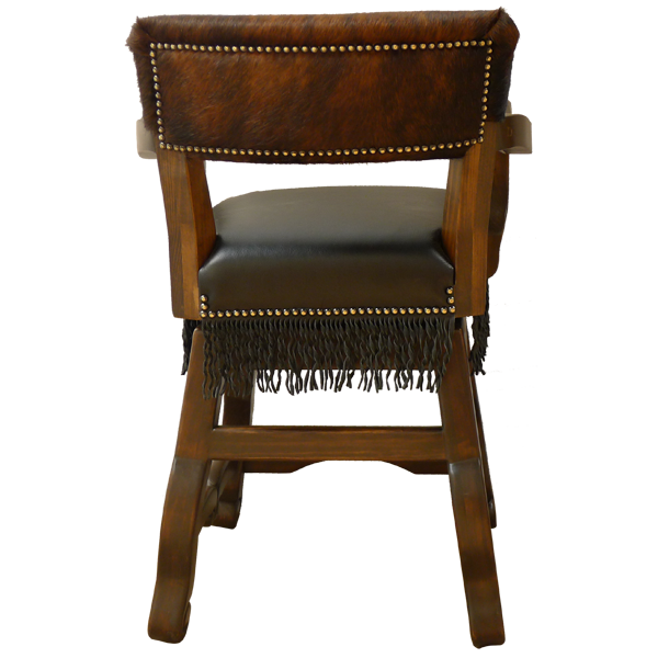 Rear view of Lower Mission bar stool with cowhide backrest and cabriole legs