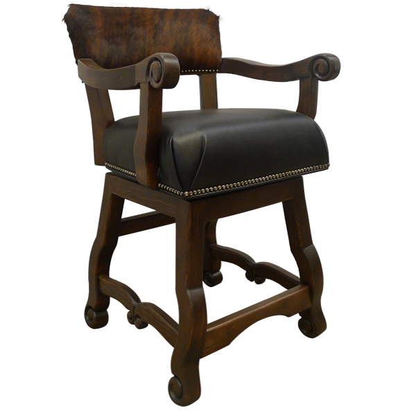 Semi-front view of Lower Mission bar stool with dark leather seat and carved wood arms