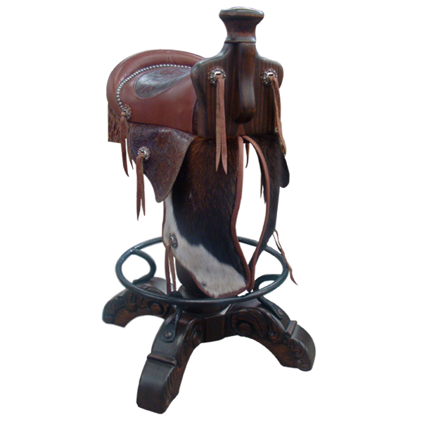 Three-quarter front view of Saddle 6 bar stool with cowboy saddle seat and decorative conchos